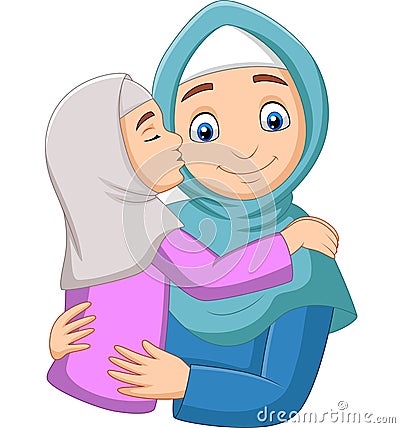 Muslim girl kissing her mother`s cheek Vector Illustration