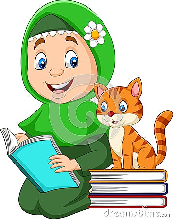 Muslim girl reading a book with cat Vector Illustration