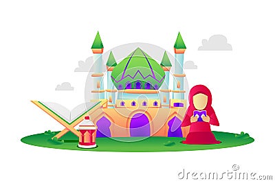 Illustration muslim kid girl reading quran in the courtyard of the mosque Vector Illustration