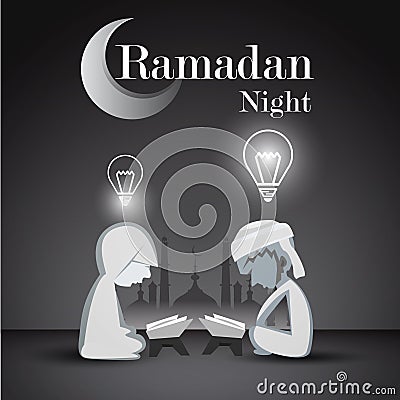 Illustration of a Muslim Man And woman Reading the Quran on ramadan night Stock Photo