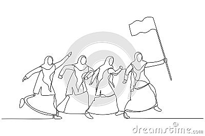 Illustration of muslim woman enterpreneur hold flag and lead the way. Single line art style Vector Illustration