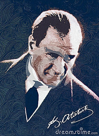 Illustration of Mustafa Kemal Ataturk with his own signature Cartoon Illustration