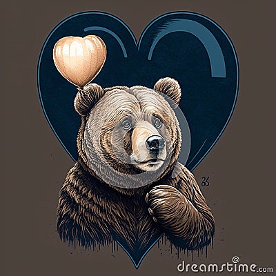 illustration of a muzzle of a bear in front of a heart ball. cartoon.picture. Cartoon Illustration