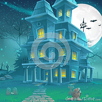 Illustration of a mysterious haunted house on a moonlit night Vector Illustration