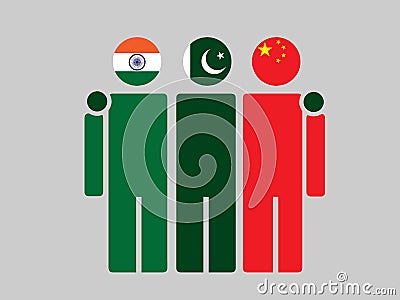 Illustration of national flag friendship embracing, India, Pakistan, and China. Stock Photo