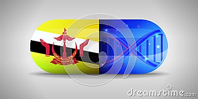 Illustration of the national pharmaceuticals of Brunei. Drug production in Brunei. National flag of Brunei on capsule with gene Stock Photo