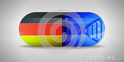 Illustration of the national pharmaceuticals of Germany. Drug production in Germany. National flag of Germany on capsule with gene Stock Photo