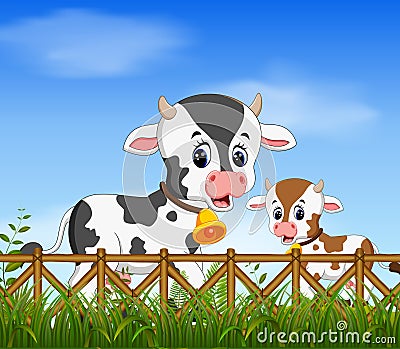 The natural view with the cow and her little cow playing together with the happy face Vector Illustration