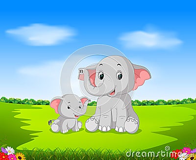 The natural view with the mother elephant and her baby playing in the garden Vector Illustration