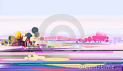 Illustration nature graphic design. Abstract colorful outdoor landscape with hill green tree on grass field or meadow forest and Stock Photo