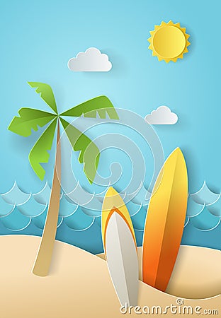 Illustration of nature landscape and concept of summer time, surf board and sea or ocean. Design by origami paper art Vector Illustration