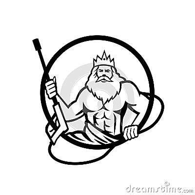 Neptune Holding Power Washer Wand or Water Blaster Circle Retro Black and White Vector Illustration