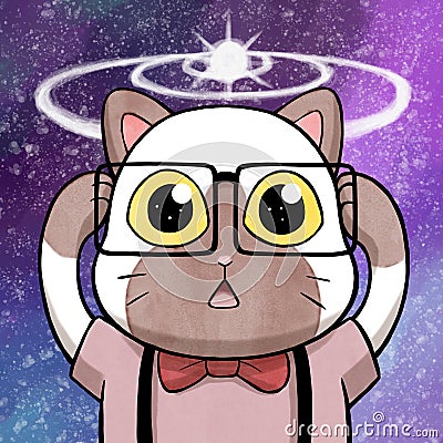 Nerd cat having a big revelation with cosmic explosion in background Stock Photo