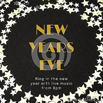 Illustration of new years eve, ring in the new year with live music from 8pm text with stars Stock Photo