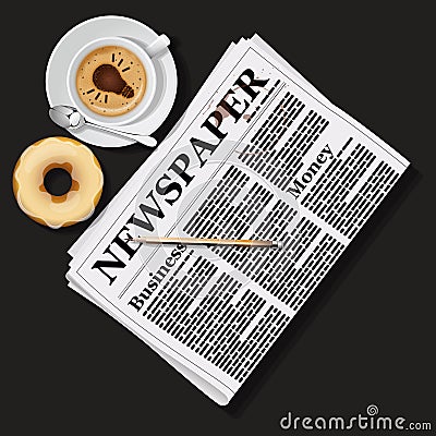 Illustration of newspaper with cappuccino cup and doughnut Vector Illustration