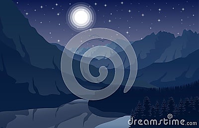 Night mountain landscape with forest and lake Vector Illustration
