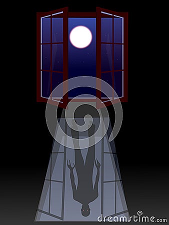 Creepy scary scene, fear of the dark, include monster, window, light rays, full moon Vector Illustration