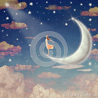 Illustration of night sky with clouds, moon and stars Stock Photo