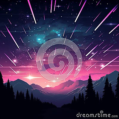 an illustration of the night sky with stars and meteors Cartoon Illustration