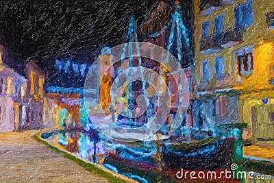 Illustration of night view of lagoon city Stock Photo