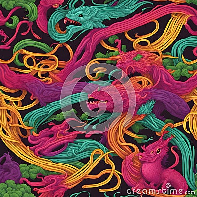 Noodles dyed with neon colors and served with dragon-shaped vegetables Cartoon Illustration