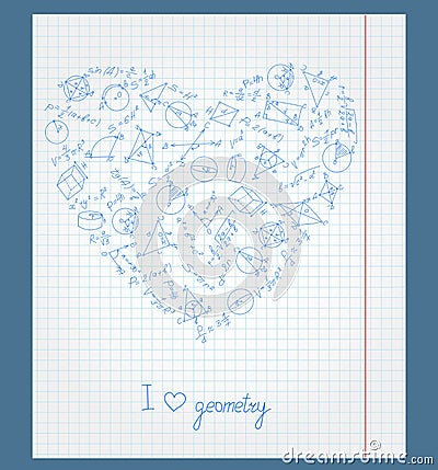 Illustration with notebook paper with icons on the theme of geometry arranged in the shape of a heart Vector Illustration