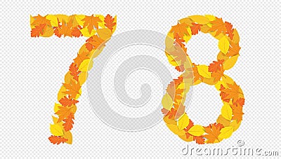 Illustration of numbers 7 and 8 , autumn yellowed leaves. Vector Illustration