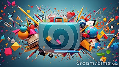 Illustration of numerous colorful components and shapes representing the educational sector, such as a school Stock Photo