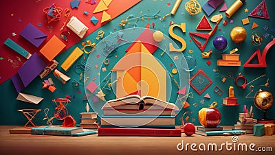 Illustration of numerous colorful components and shapes representing the educational sector, such as a school Stock Photo