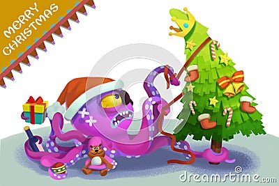 Illustration: The Octopus Monster Comes to wish You Merry Christmas! Stock Photo