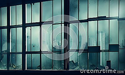 Illustration of office windows in skyscraper with a destroyed cityscape view Stock Photo