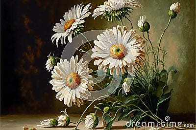 Oil painting daisy flowers, digital illustration painting, retro style Cartoon Illustration