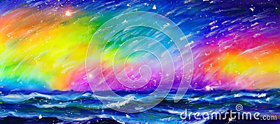 Illustration of an oil painting, waves on the sea and a colored sky Stock Photo