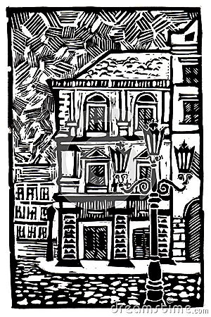 Illustration of an old city. Linocut. Black and white. Detailing. Stock Photo