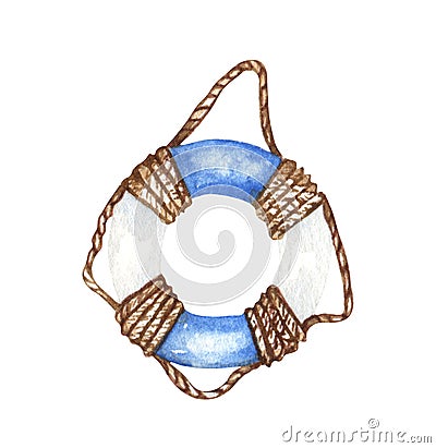 Illustration of old lifebuoy nautical equipment. Hand drawn watercolor painting on white background. Stock Photo