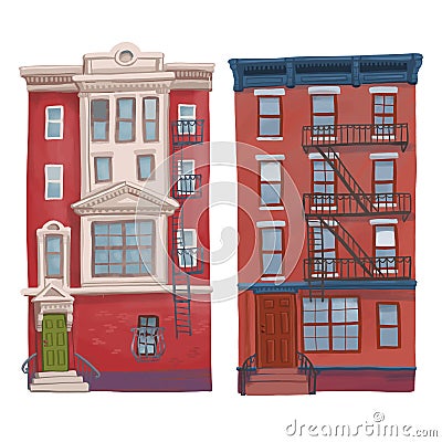 Illustration of old multistory red buildings isolated on white background Stock Photo
