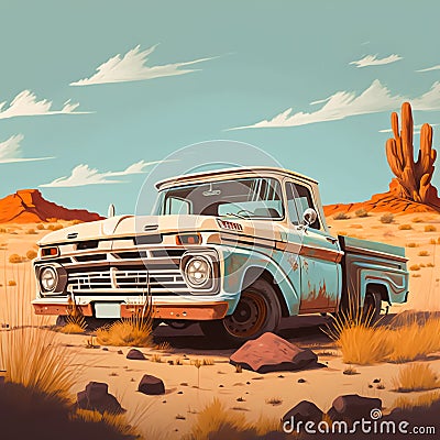 Illustration of an Old rusty vintage pickup in the middle of the desert. Stock Photo