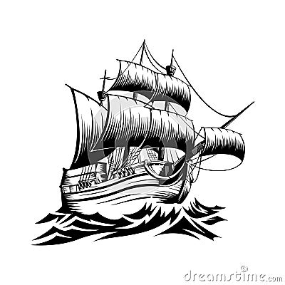 Illustration old ship with waves in style retro design Vector Illustration