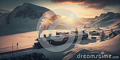 Illustration of an old steam engine train at a small station in the middle of mountains.AI-Generated Stock Photo