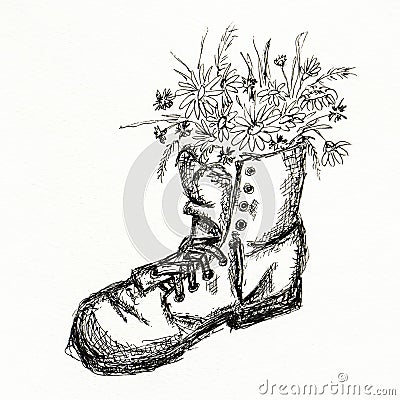 An illustration of old vintage boots filled with wild wild meadow flowers. A design that inspires hiking, admires nature. Cartoon Illustration