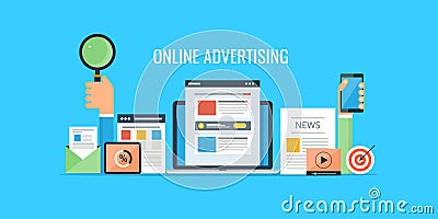 Advertising online - website marketing - commercial selling. Flat design advertising banner. Vector Illustration