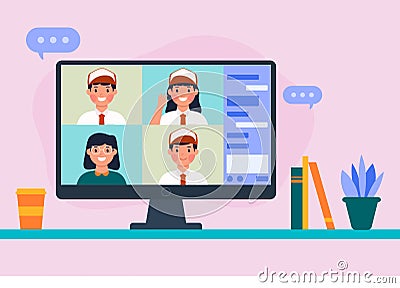 Illustration of online school video conference with indonesian elementary school students vector stock Vector Illustration