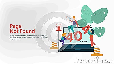 Illustration Oops 404 error page not found Internet connection problems small people trying to make laptop repairs for websites Vector Illustration