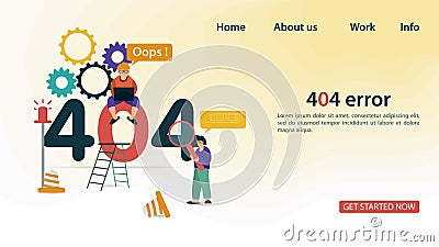 Illustration Oops 404 error page not found Internet connection problems small people using a laptop and magnifying glass trying to Vector Illustration