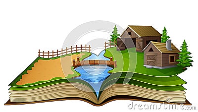 Open book with farm scene, barn and trees on a white background Vector Illustration