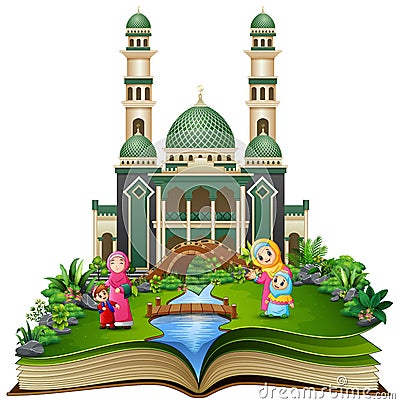 Open book with group of happy muslim woman and her children in front of a mosque Vector Illustration