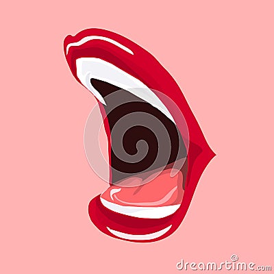 Illustration of open mouth. Painted lips red lipstick. Vector Illustration