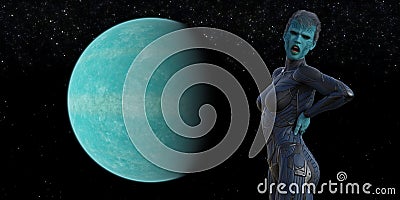 Illustration of an open mouthed angry blue female alien with a planet and space in the background Cartoon Illustration