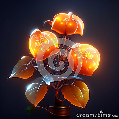 Illustration of orange physalis flower in pot on dark background. AI generated Stock Photo