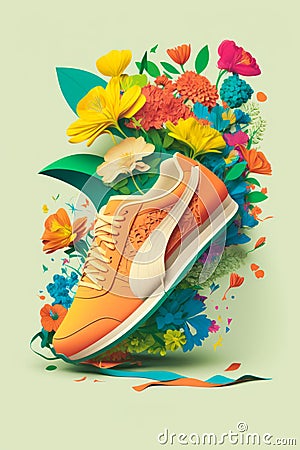 An illustration of an orange shoe with flowers. Generative AI Cartoon Illustration